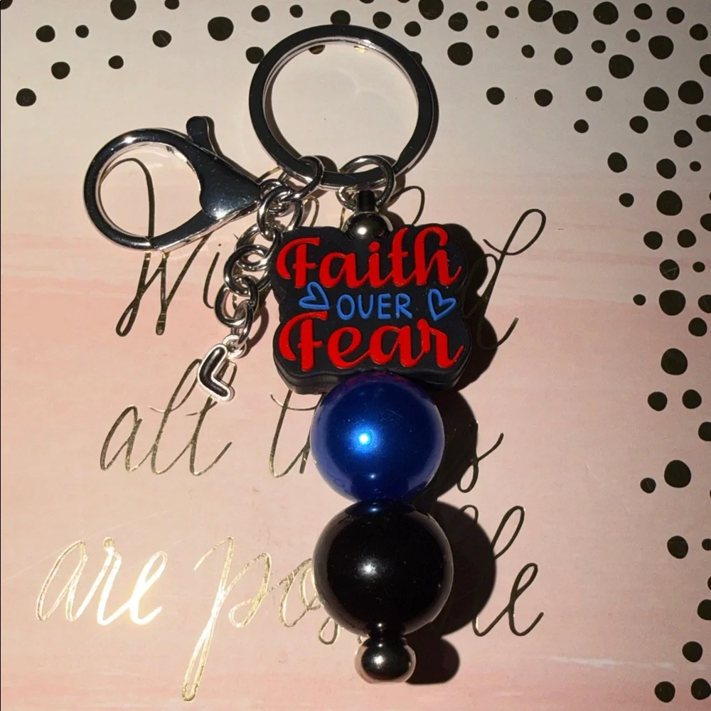 Faith Over Fear Bag Charm with Blue and Black Beads - Picture 1 of 2